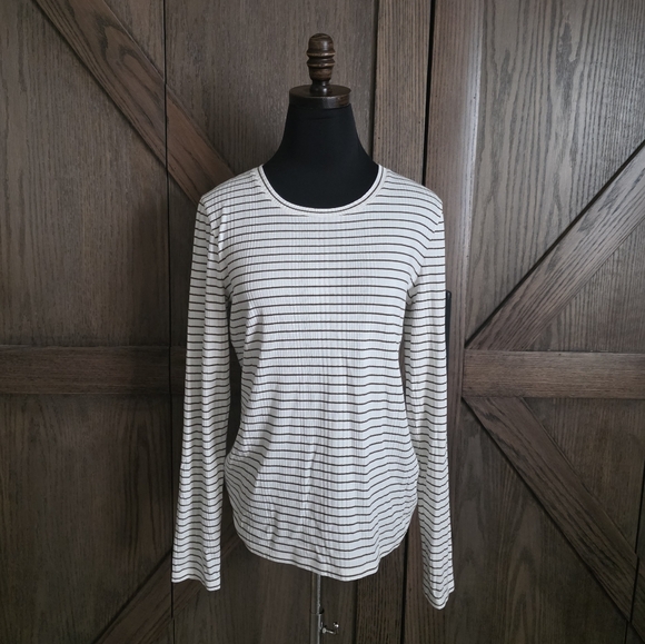 Vince Tops - Vince Ribbed Green and White Fitted Long Sleeve T-Shirt